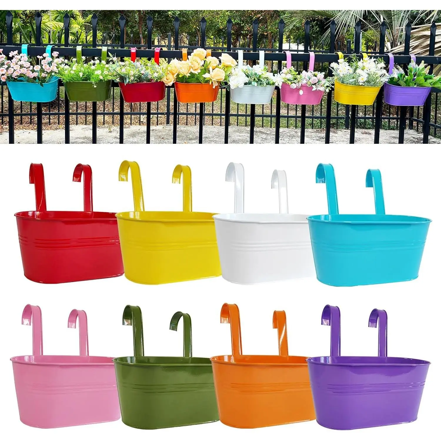 8 Pack 12" Colorful Metal Railing Planters with Hooks for Outdoor Fence | Oval, Rustproof, Removable hooks, Drainage holes, For balconies, decks and fences, Perfect for herbs, flowers and veggies