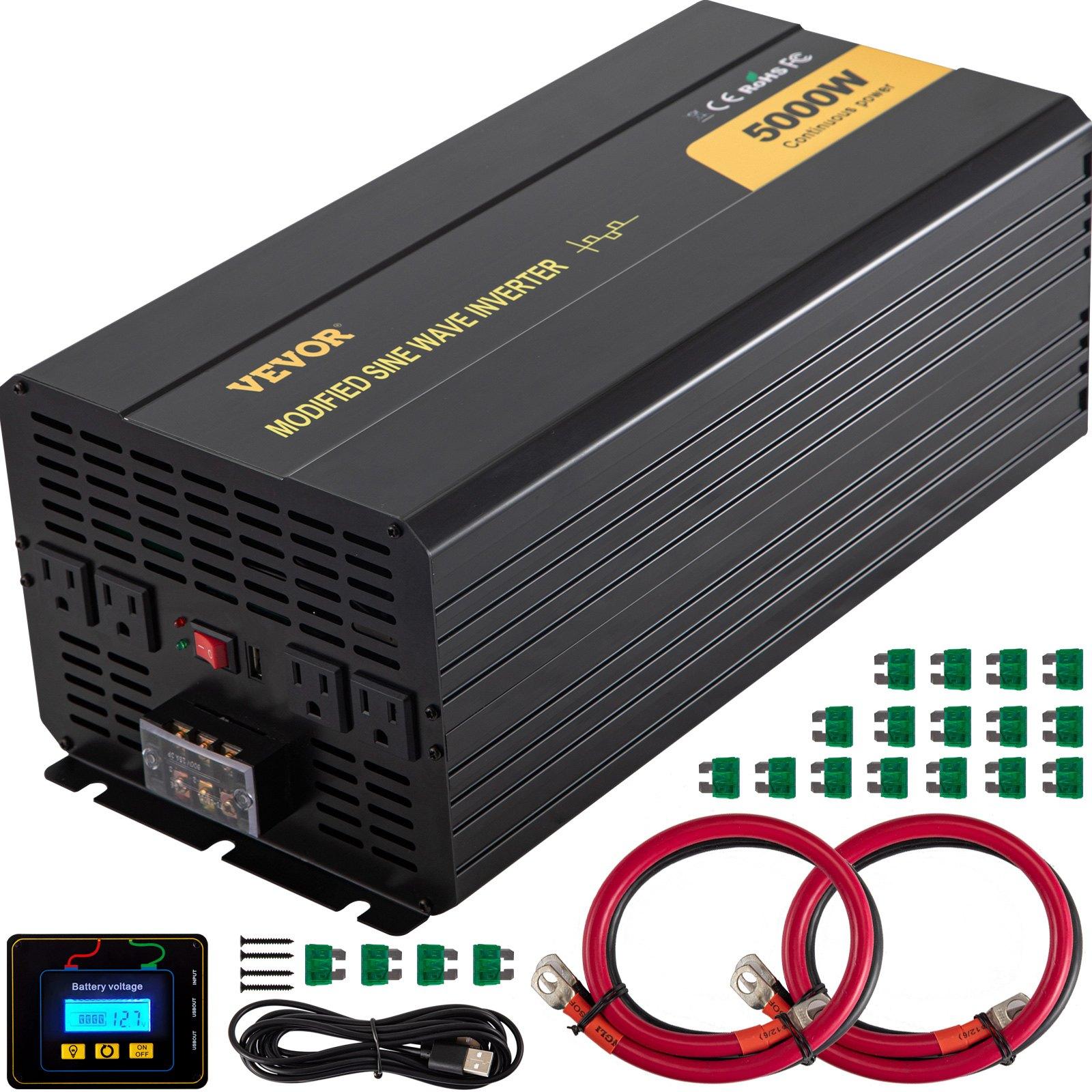 VEVOR 5000W Output Modified Sine Wave Power Inverter, DC 12V to AC 120V Car Converter with LCD Display, Remote Control, LED Indicator, AC Outlets for Car/Boat/RV Emergency Power