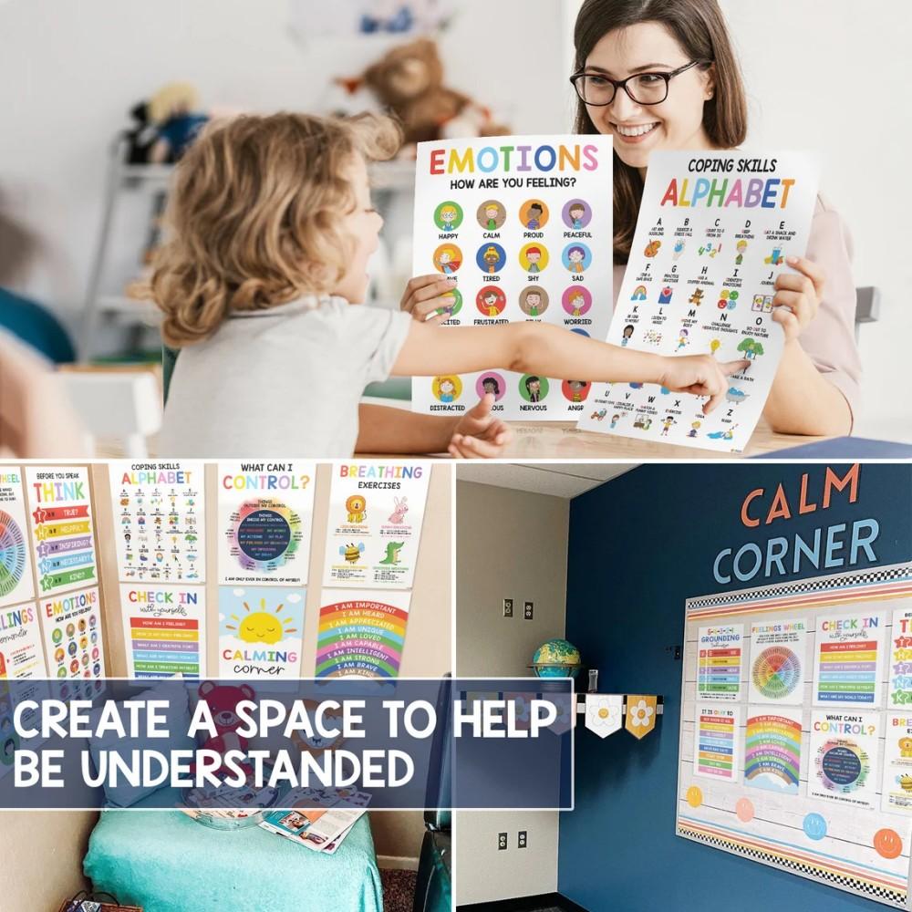 Peaceful Corner Classroom Poster Set, 12 Pieces for Therapy Rooms, Mental Health Wall Art & Positive Classroom Decor