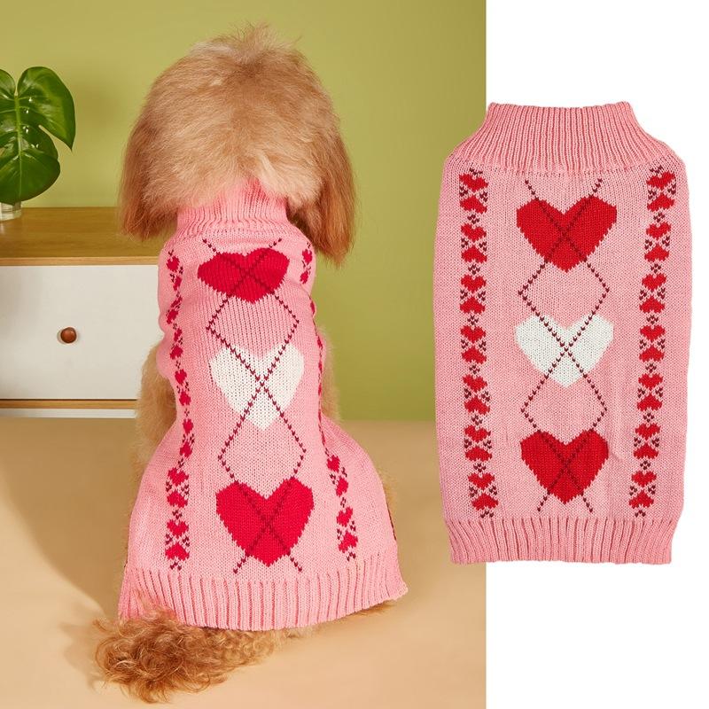 New Valentine's Day Knit High-Elasticity Round Neck Pink Red Lover Bow Heart Pattern French Bulldog Bichon Dog Sweater
