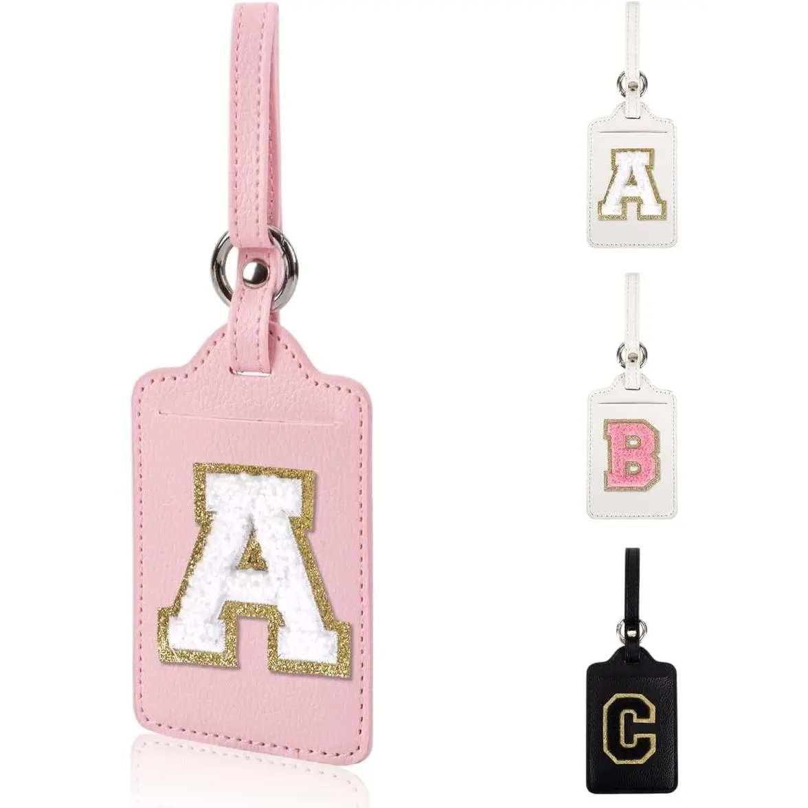 Personalized Chenille Letter Luggage Tags with Privacy Name Card for Suitcases, Embroidered Leather Travel Bag Backpack Tags, Cute Gifts for Women Kids Girls Teens, Pink-AGift