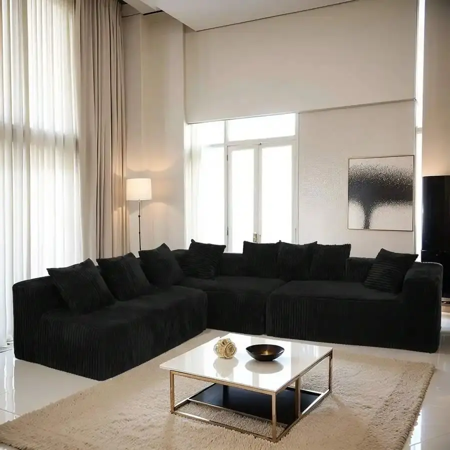 Sturdy Modular U-Shaped Sectional Sofa - 130 In 4-Seater Reversible Striped Corduroy Black Boneless Chaise Lounge, Ready-to-Use Black Polyester 4-Seat Customizable Configurable Living Room Indoor Furniture