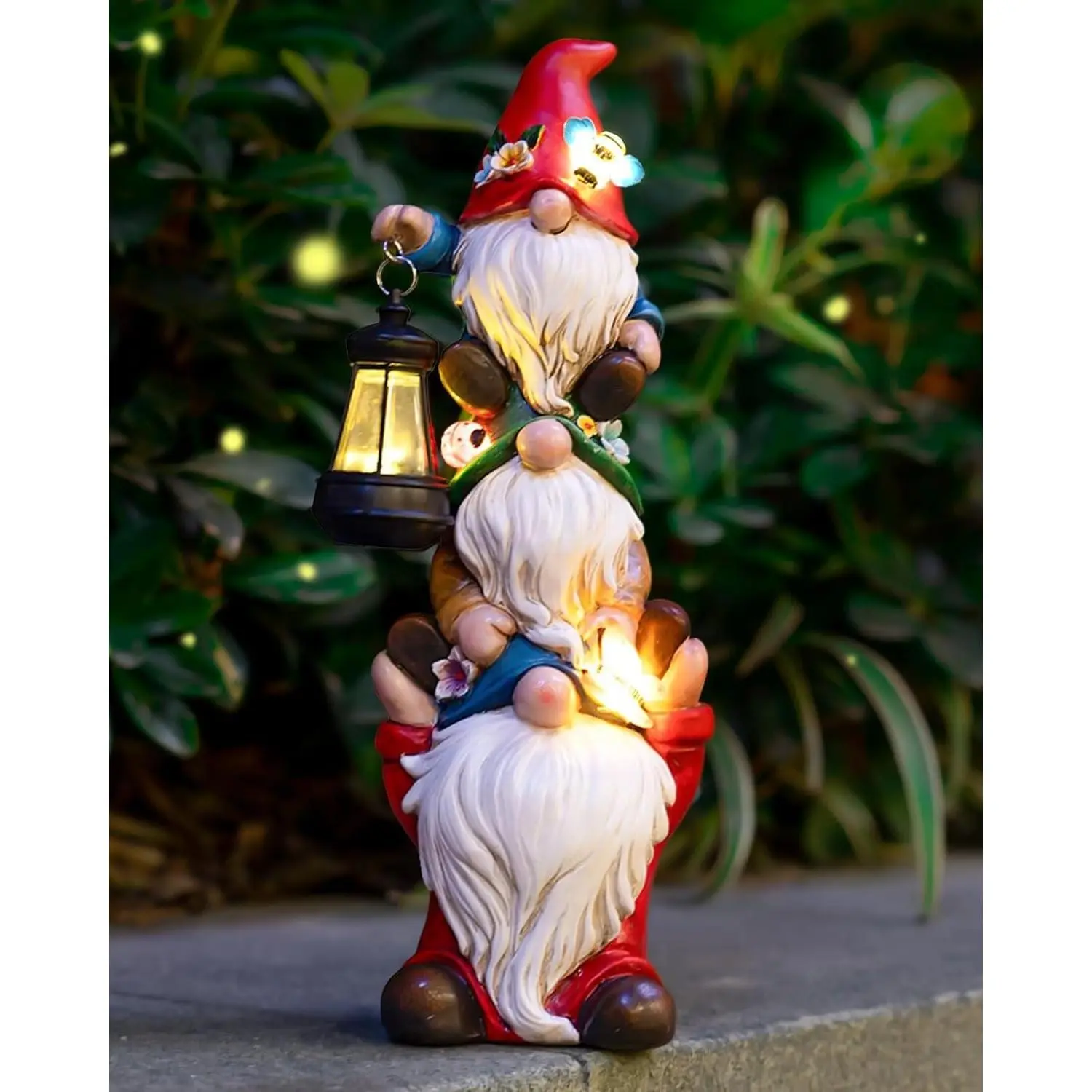 12 in Garden Gnome Statue with Solar Lights Birthday Gift for Mom Woman Grandma Garden Sculptures Funny Triple Gnome Outdoor Patio Lawn Yard Balcony Home Decor