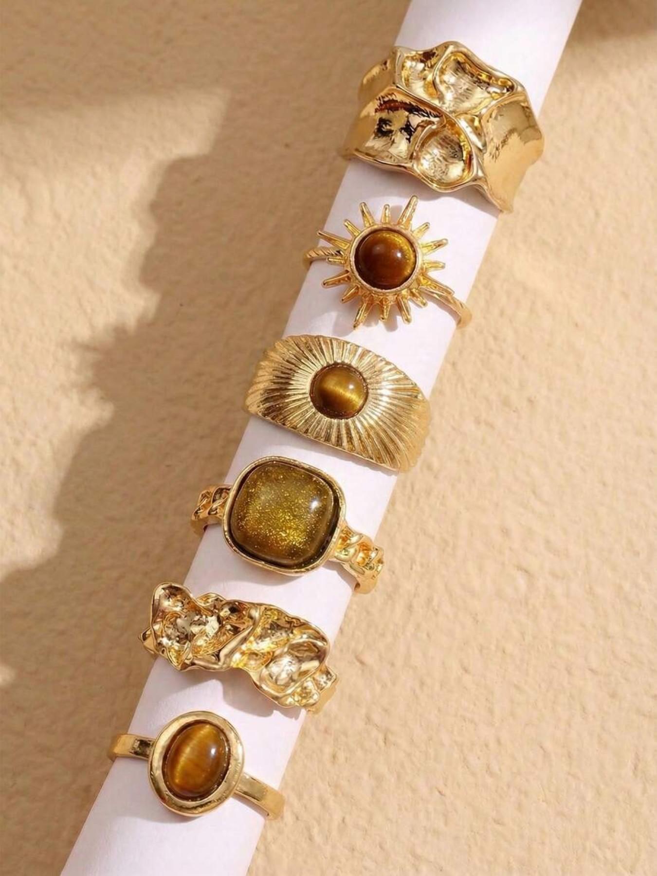 6-Piece Vintage Gemstone Irregular Ring Set, Perfect for Daily Wear, Ideal Gift, Unique Jewelry Collection, Stylish Accessories