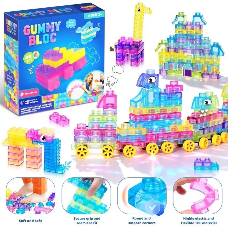 Soft Jelly Blocks , 40Pcs Squishy Multi-color Stacking Jelly Building Blocks Toy Set, Non-toxic Sensory Tactile Play Toy Safe Squishy Squeezable & Stretchable Fun, Puzzle Blocks for Kids Early learning Preschool STEM Creative Construction