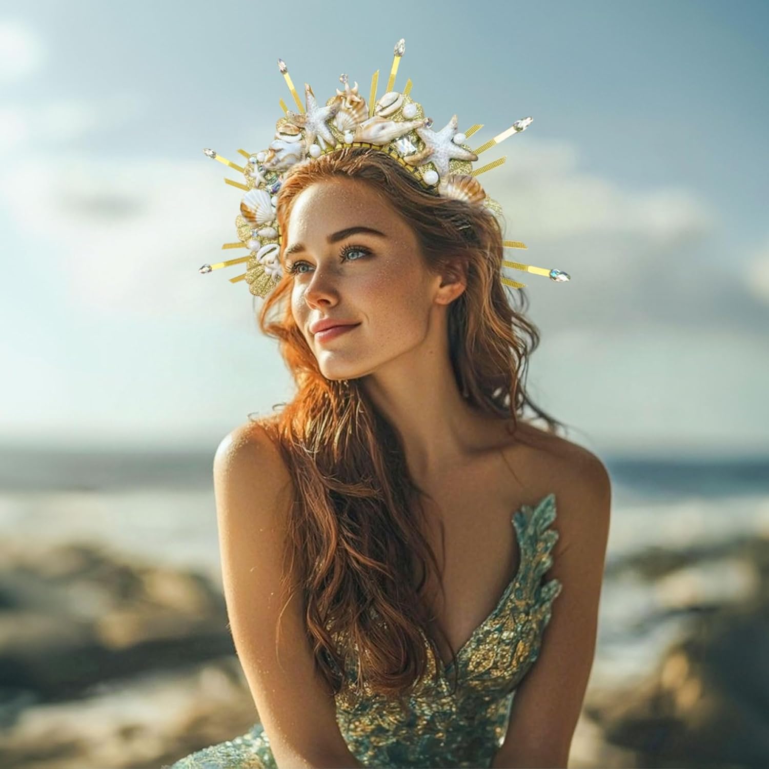 Women's Gold Mermaid Seashell Crown Headband, Halo Headpiece for Cosplay, Renaissance Festival Party Accessories