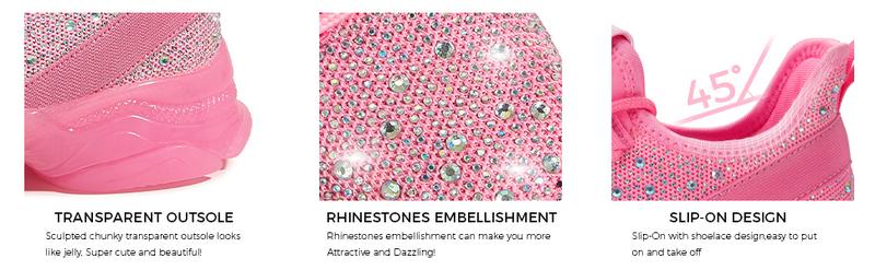 LUCKY STEP Women's Rhinestone Mesh Slip On Walking Shoes Fashion Breathable Sparkle Glitter Sneaker with Memory Foam Insole & Chunky Transparent Outsole