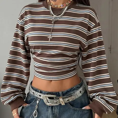 Y2K Grunge Striped Side Ruched Crop Long Sleeve Tee, Baggy Balloon Sleeve Streetwear Top, Trendy Casual Chic Fashion for Women