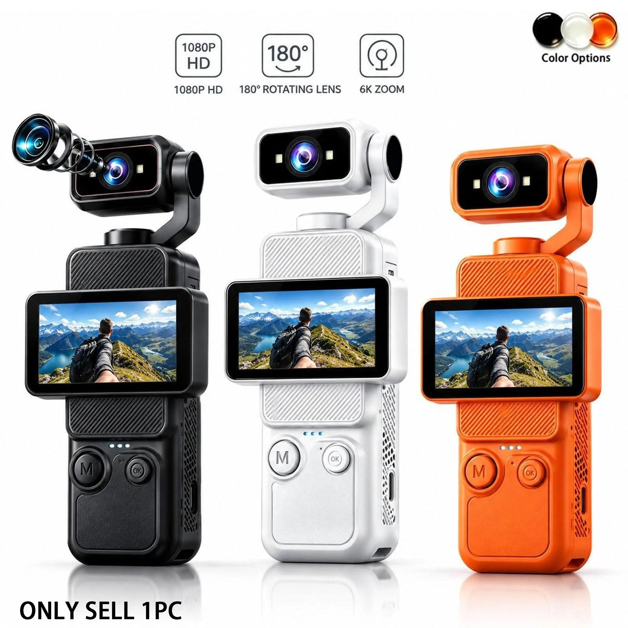 1080P Pocket Vlogging Camera with 180° Auto Rotating Lens, Mini Video Camera with IPS Flip Screen, 6X Zoom, Wide Angle Lens, WiFi App Control, Portable Camera for Travel & Vlog, Content Creator Camera