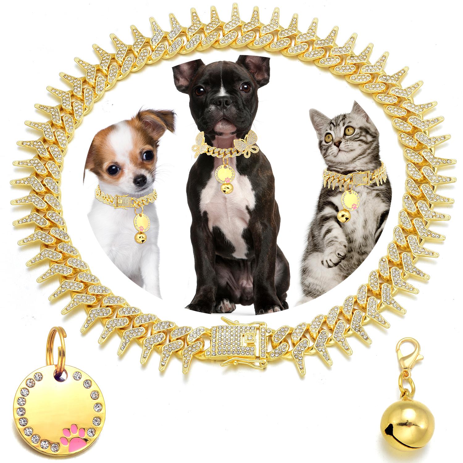 Rivet Cuban Link Dog Collar 13mm Gold Chain Dog Cat Collar with Design Secure Buckle Bling CZ Diamond Chain Dog Collars for Small Medium Large Dogs with Name Plate and Bell