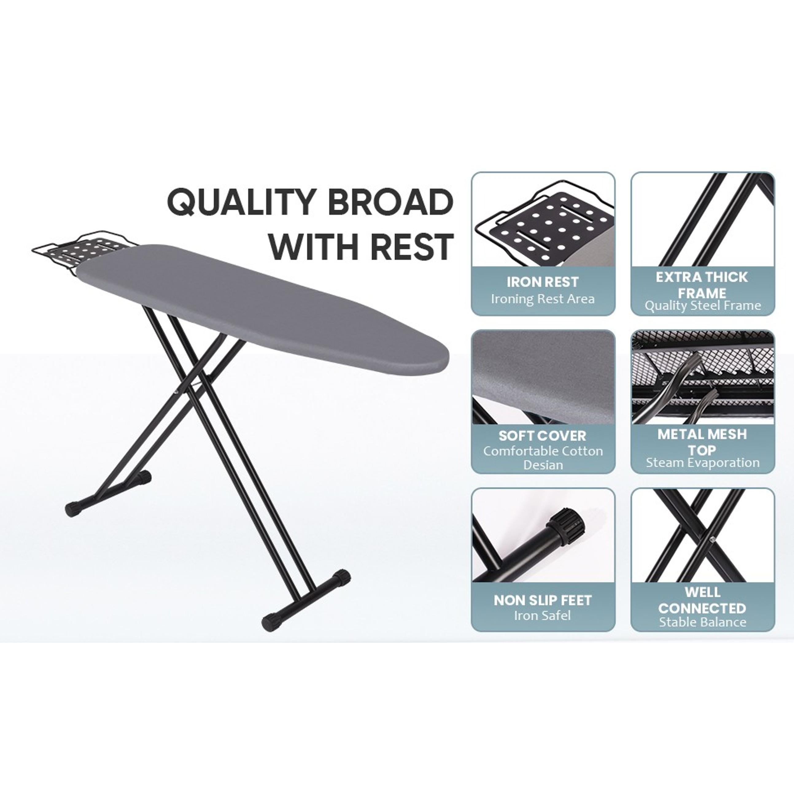 Deluxe Full-Size Ironing Board - Smooth Silicone Heat-Resistant Cover, Thick Felt Pad, Heavy Sturdy Legs, Lightweight Foldable Design, Built-In Hanger (L-Grey)