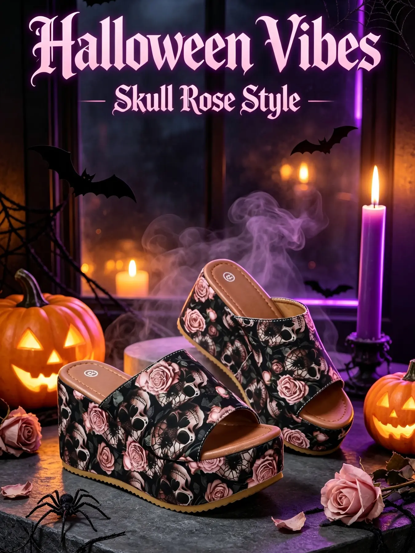 Halloween Fashion Thick Sole Open-Toe Mules, Trendy Cool Style, Platform Heel Design, Streetwear Chic, Women's Halloween Shoes
