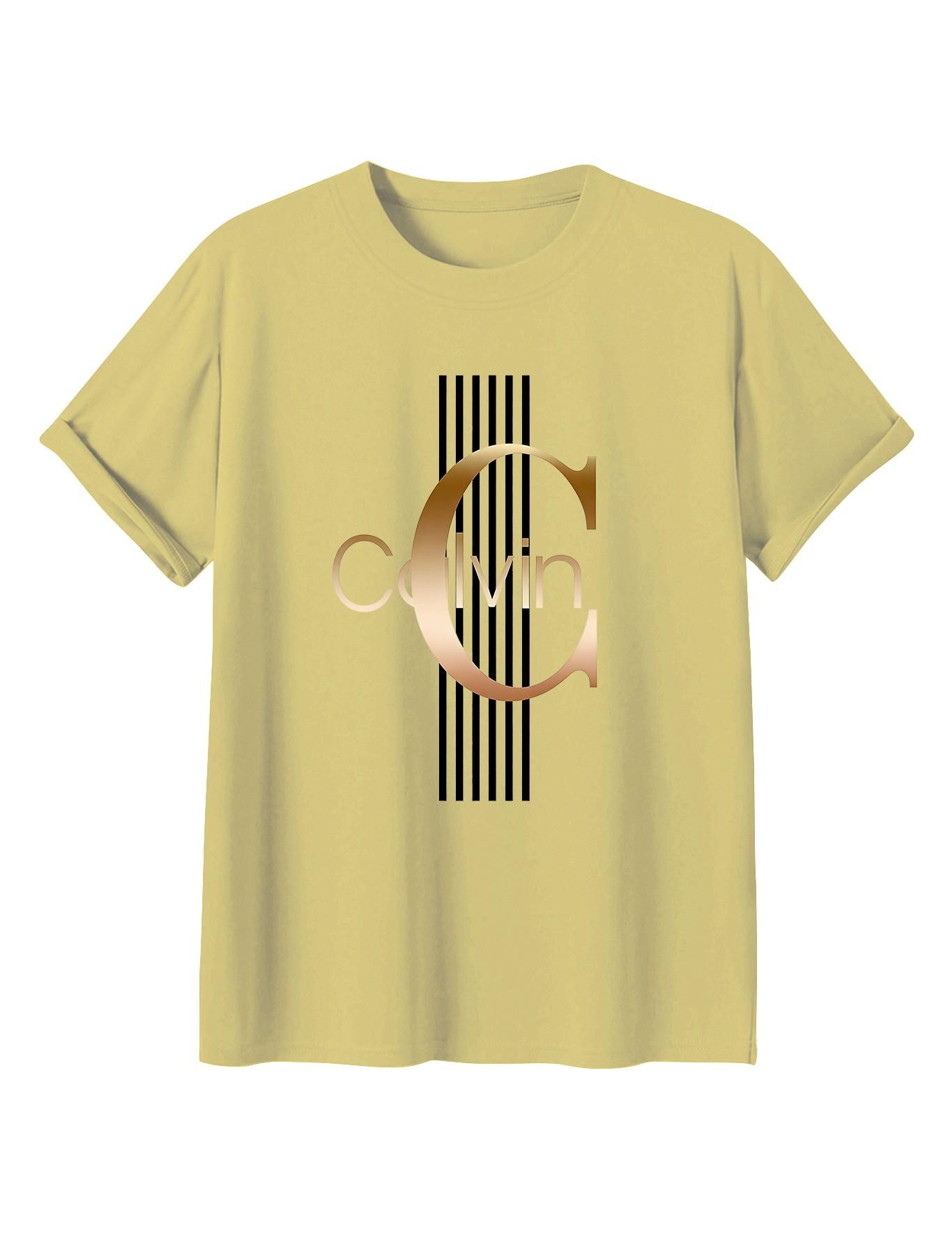 Calvin Gold Letter Print T-Shirt, Unisex Casual Loose Fit, All Seasons Short Sleeve, Trendy Fashion for Men and Women