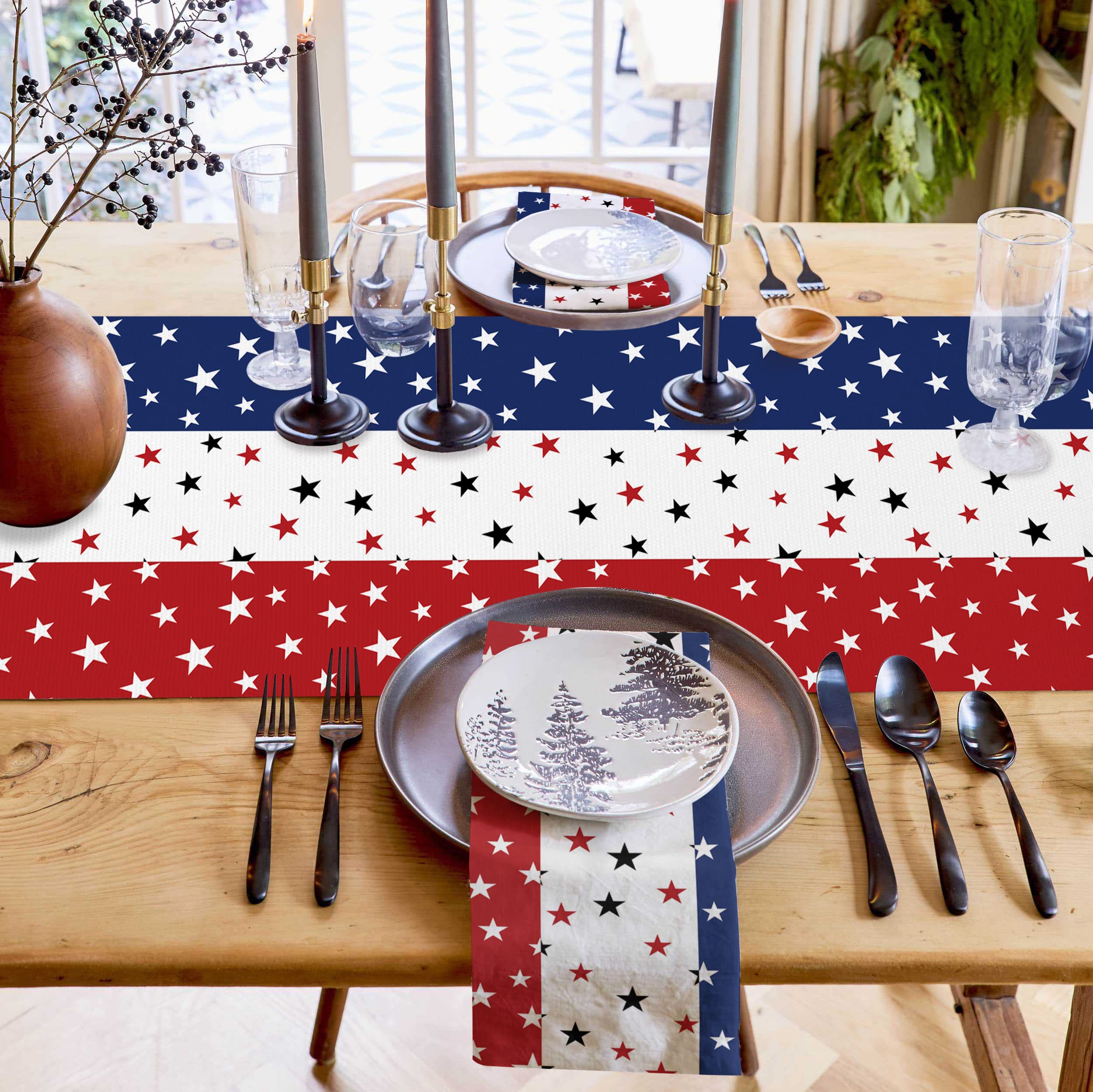 July 4th Table Runner, Patriotic Star Flag, Blue, Independence Day Decoration, Home Kitchen Dinner Table Decor