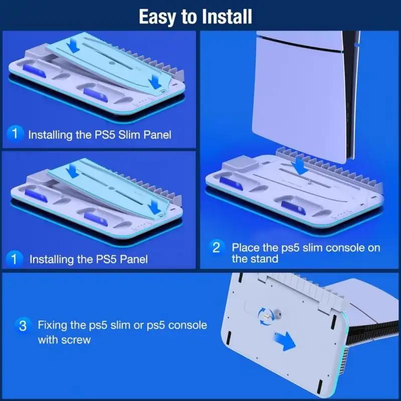 PS5 Stand with Cooling Station and Controller Charging Station for PlayStation 5 Slim Console, PS5 Controller Charger, Cooling Stand, Dynamic Light, Headset Holder for PlayStation 5 Accessories, White