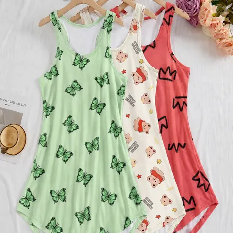 【Plus Size】 Lounge Dress, Casual Soft Comfortable Sleeveless Nightdress for Women, Women's Sleepwear for All Seasons, Homewear, Loungewear Nightdress, Butterflies