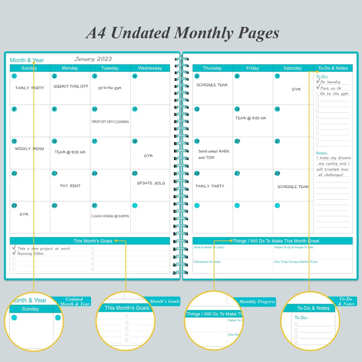 Undated Planner Pro - 8.5" x 11" Weekly & Monthly Planner to Achieve Goals & Increase Productivity, 12 Months Undated Agenda Daily Planner, Start Anytime, Teal