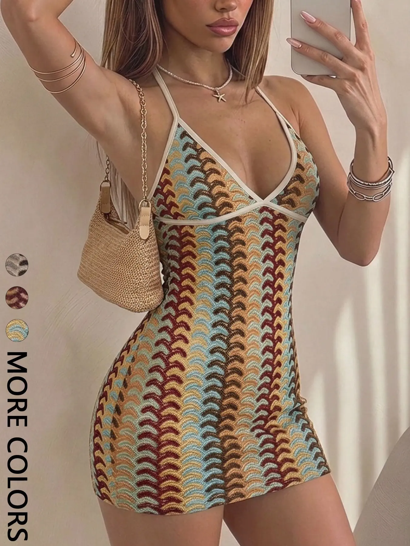 Women's Geometric Print Halter V-Neck Bodycon Mini Dress for Party and Vacation Bohemian Summer Dresses