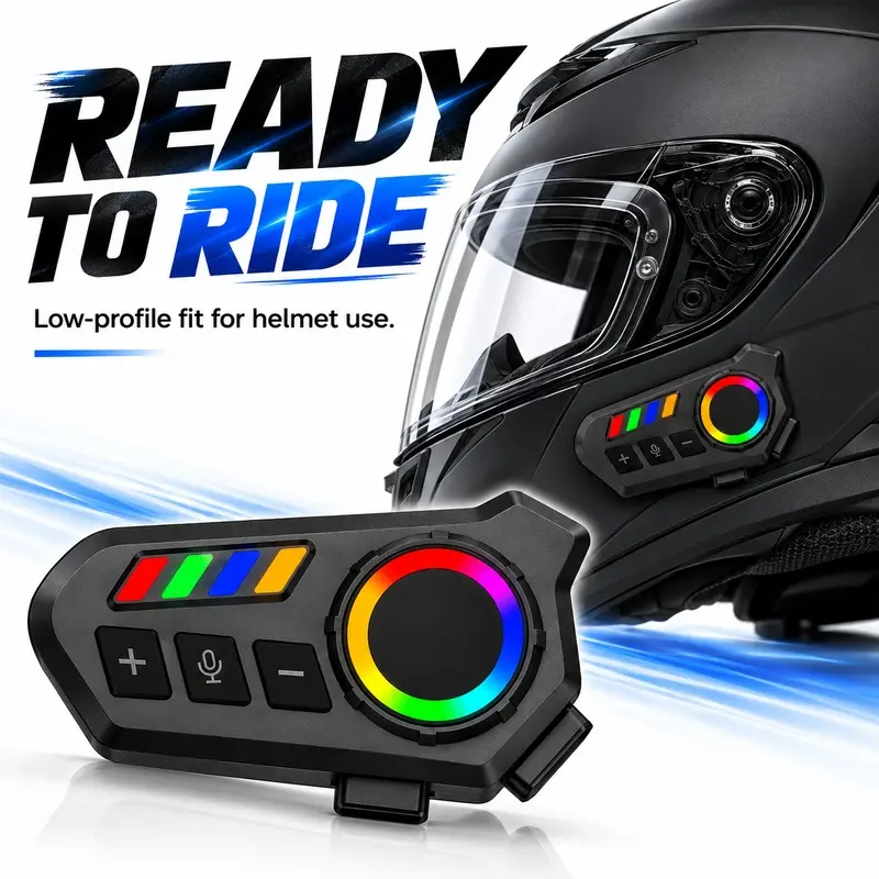 Motorcycle Riding Bluetooth Headset, Wireless Helmet Speakers with RGB Lights, Noise Cancelling Microphone, Hands-Free Calls, Music Playback, Rechargeable Helmet Audio System for Motorcycle and Bicycle Riders