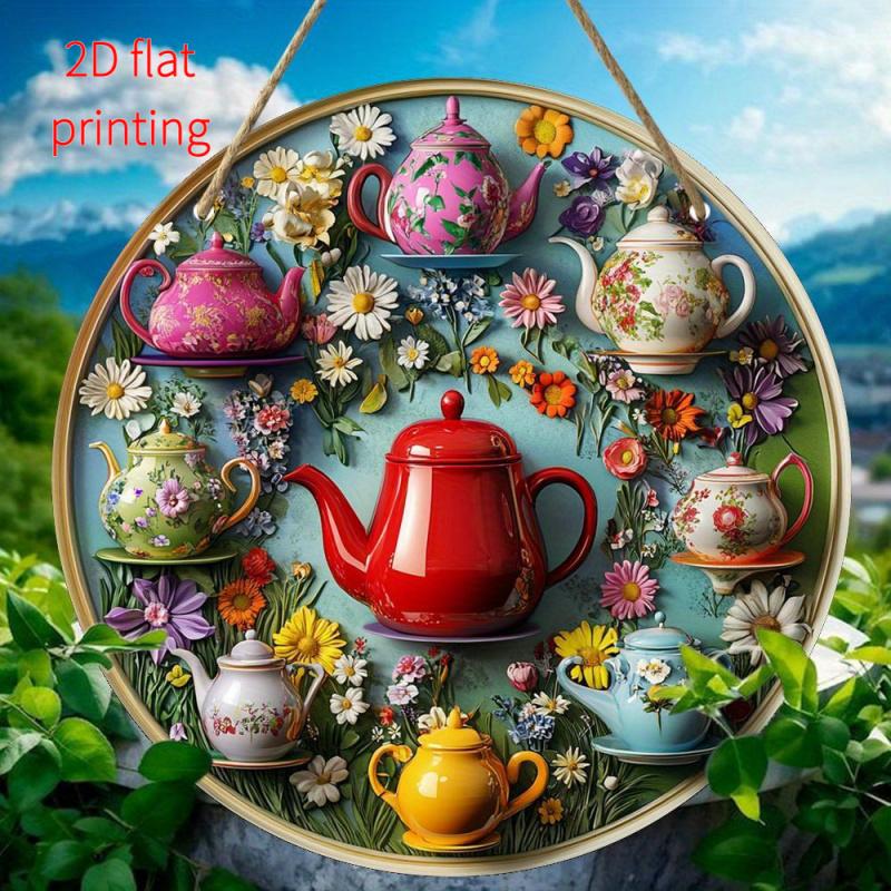 Teapot Pattern Round Wooden Sign, Teapot Theme Hanging Decor, Wall Hanging Decor for Home, Office or Living Room, Ideal Gift, Hangable