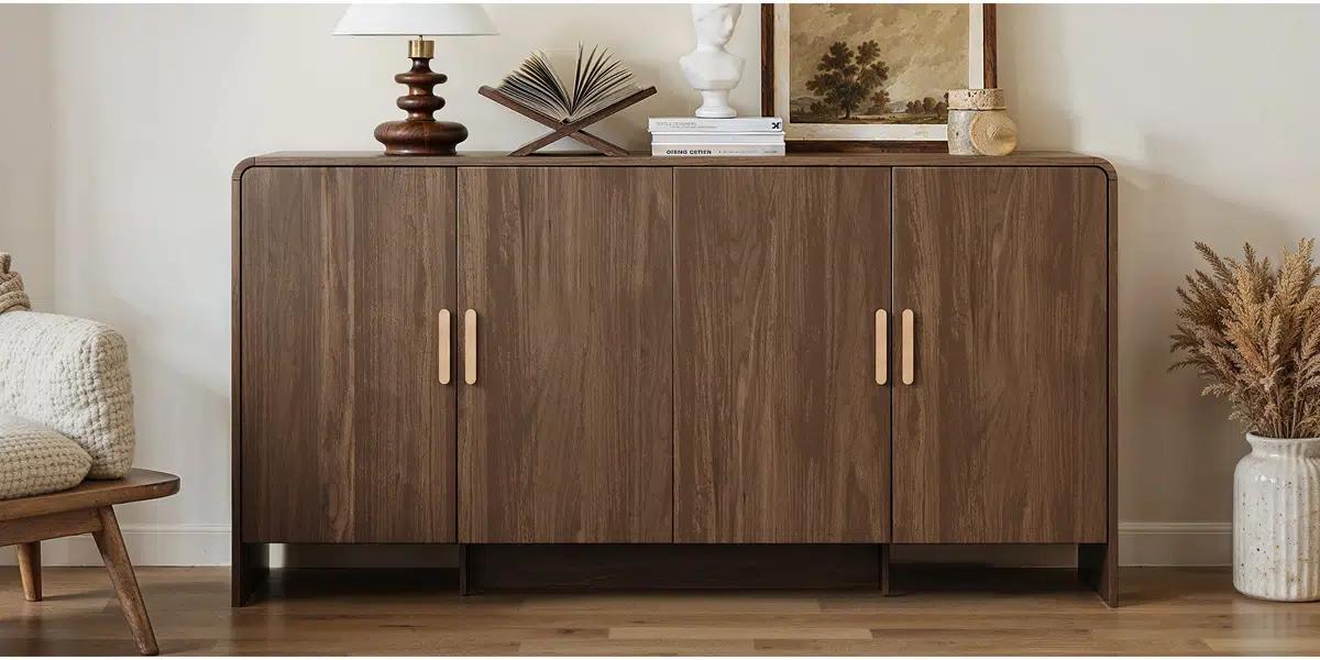 【SPOTLIGHT DAY】ONBRILL 60” Sideboard Curved Cabinet With 4 Doors, Living Room Furniture, Dining Room Furniture 【SPOTLIGHT DAY】ONBRILL 60” Sideboard Curved Cabinet With 4 Doors, Living Room Furniture, Dining Room Furniture