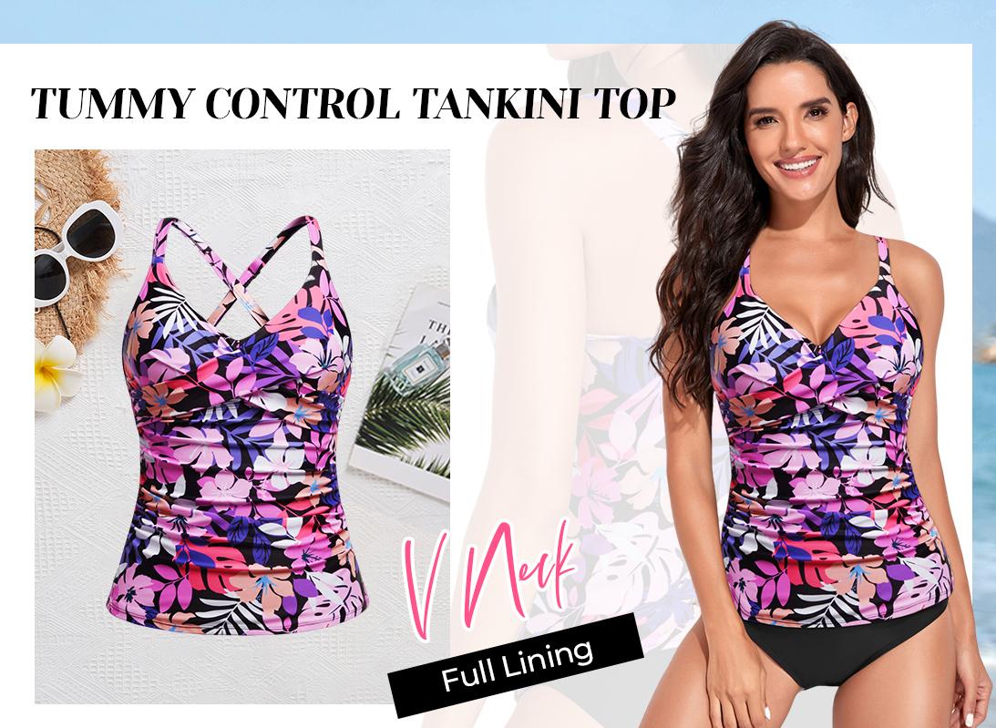 Tempt Me Women Tankini Bathing Suit Top - Twist Front V Neck Swim Top Cross Tummy Control Top Only