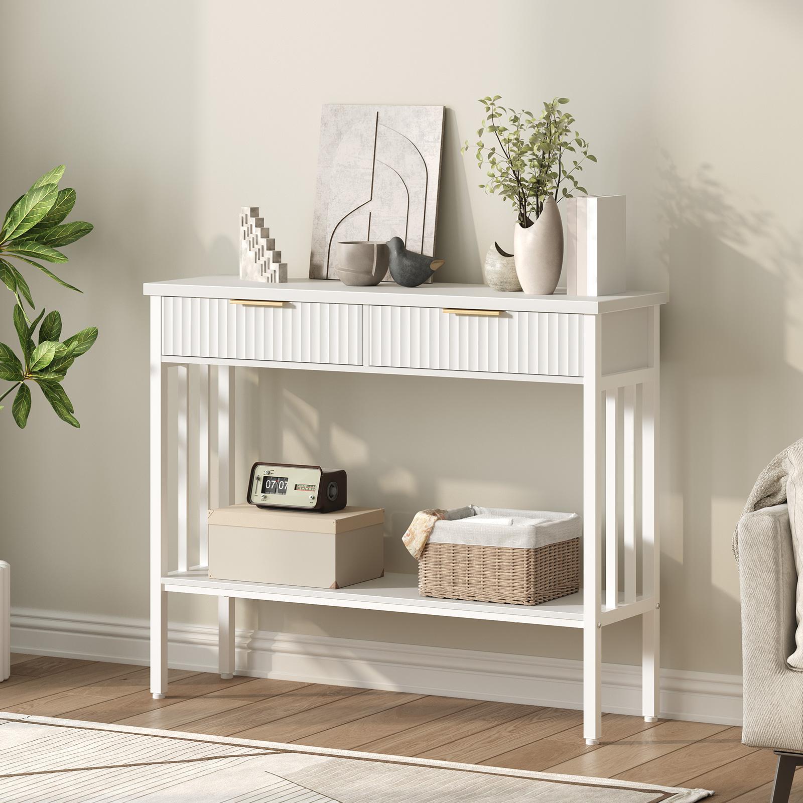 MAHANCRIS Narrow Long Console Table with Storage Shelf, 2-Tier Fluted Entryway Table with 2 Drawers, for Entryway, Living Room, Foyer, Hallway, Office, White