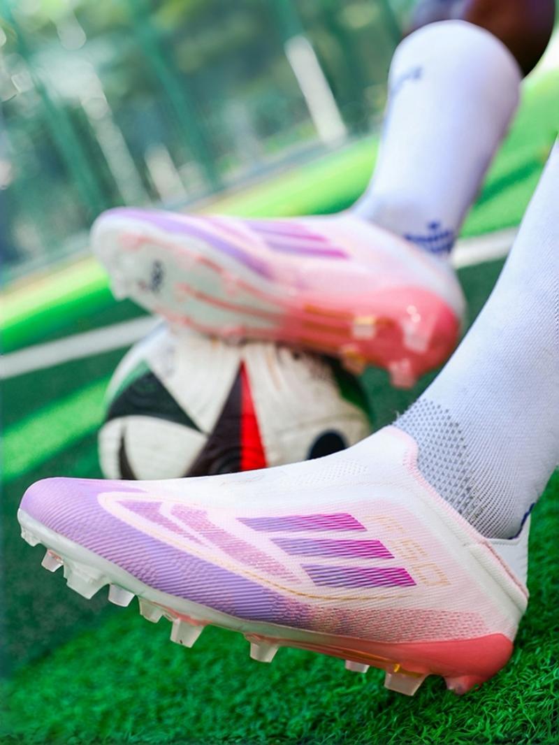 Unisex White-Blue-Orange Gradient Laceless Firm Ground Soccer Shoes: Competitive Pro Style, Knit Breathable Upper, Anti-Twist Midsole, Transparent Stud Grip. Ideal for official matches/professional training.