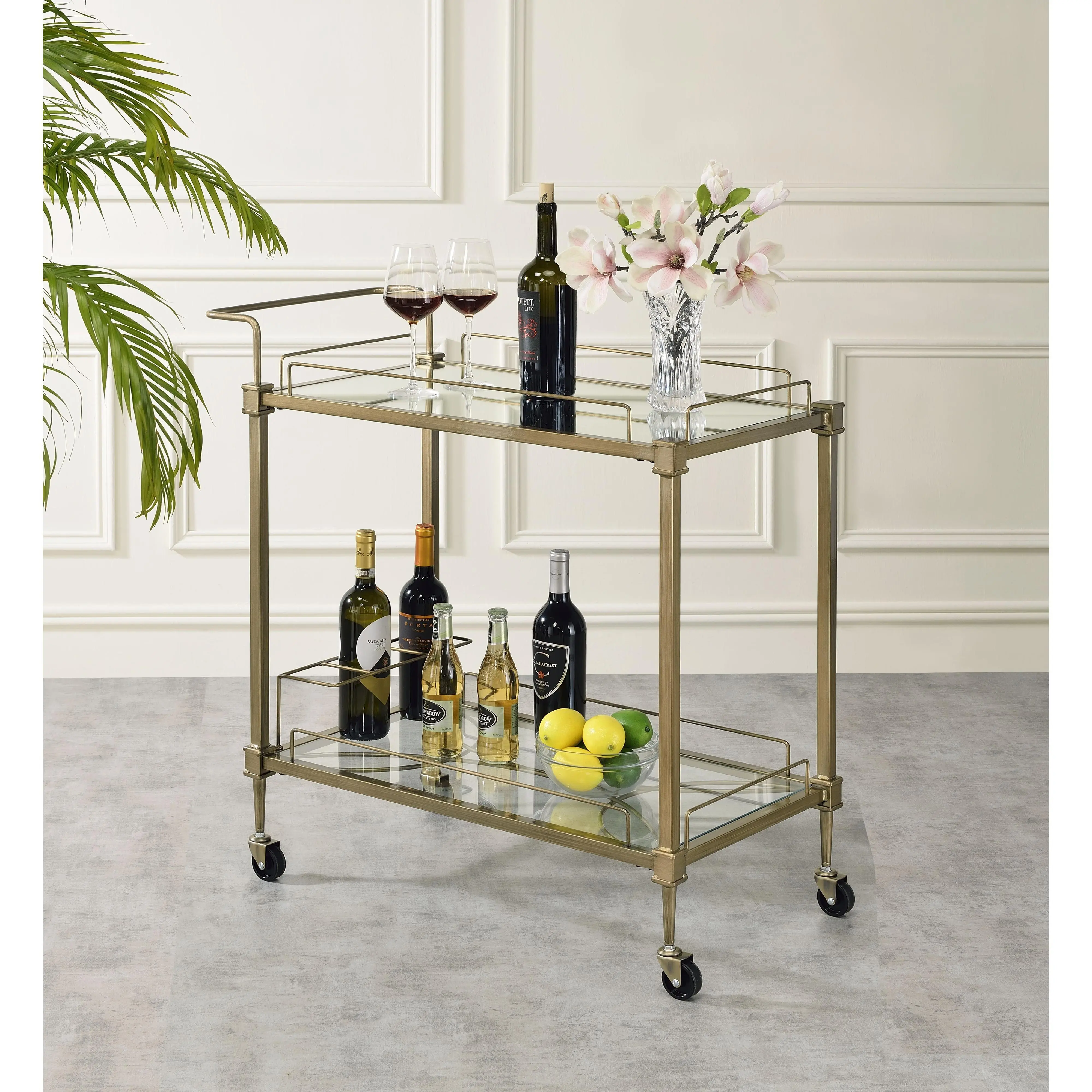 Antique Brass Serving Cart with Mirrored Accents and 2-Tier Tempered Glass Shelves, Rolling Bar Cart for Kitchen and Dining Room, 33x16x33 Inches