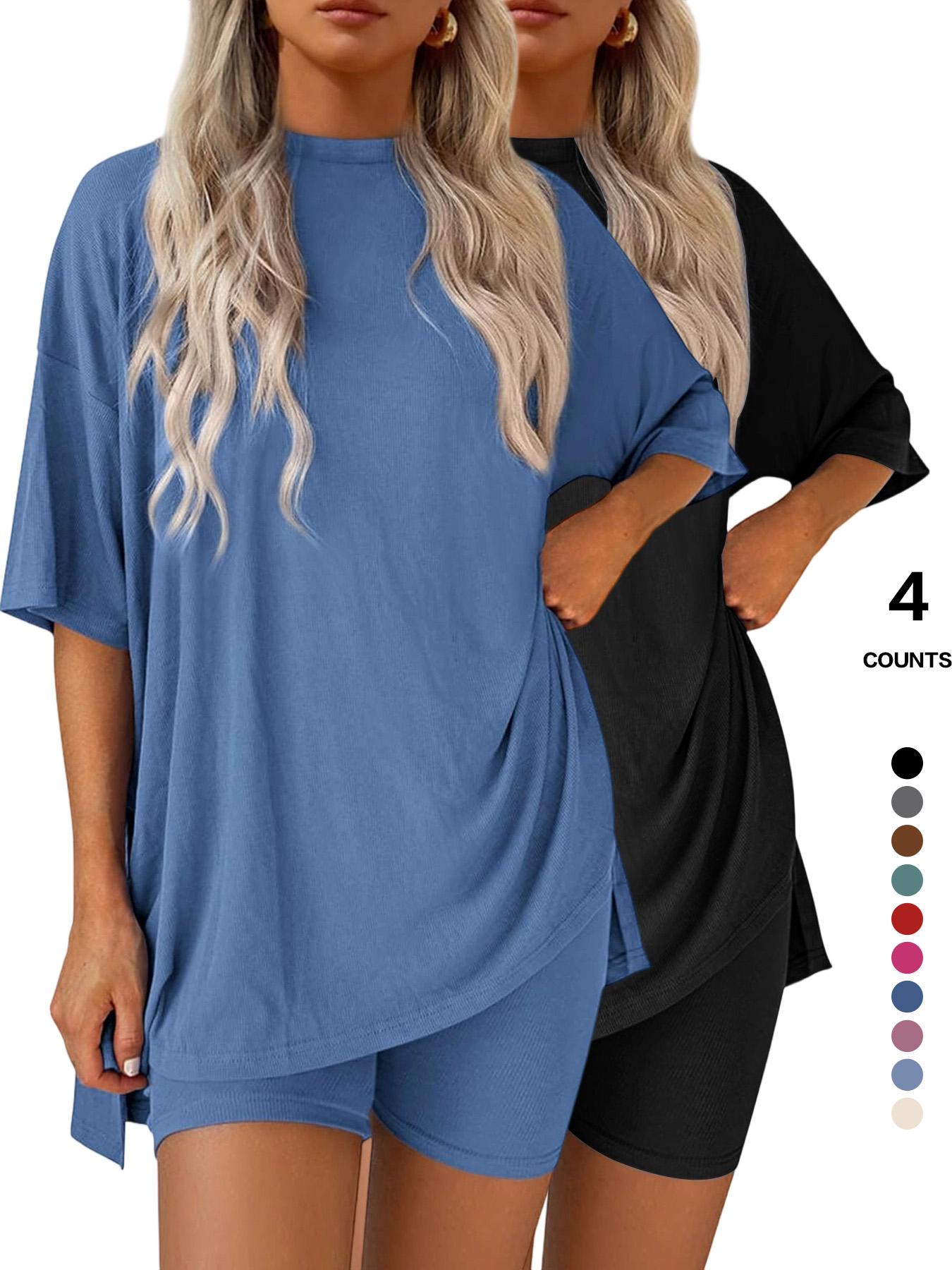 Women's Solid Color Tee & Skinny Elastic Shorts Loungewear Set, Comfortable Round Neck T-Shirt & Shorts, Perfect for Summer Sleepwear