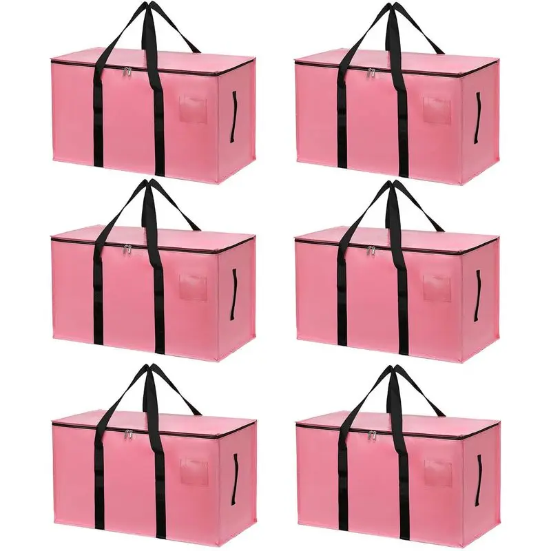 4 Pack Large Moving Bags with Zippers & Carrying Handles, Heavy Duty Storage Tote Moving Boxes,Space Saving(Pink, 6 Pack)