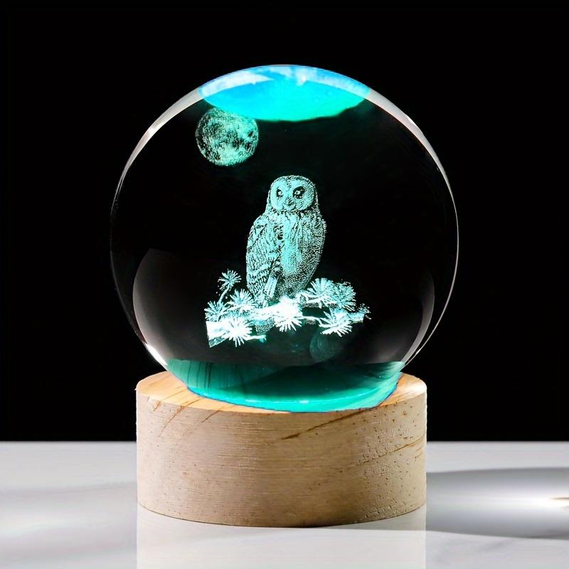 1pc Modern Glass Owl 2.3 In Glass Ball with Wood Base - USB-Powered Decorative Ambiance Lighting, Freestanding Tabletop Statue, Adjustable Toggle Control, Polished Finish, for Bedroom, Ideal Mother's Day Gift