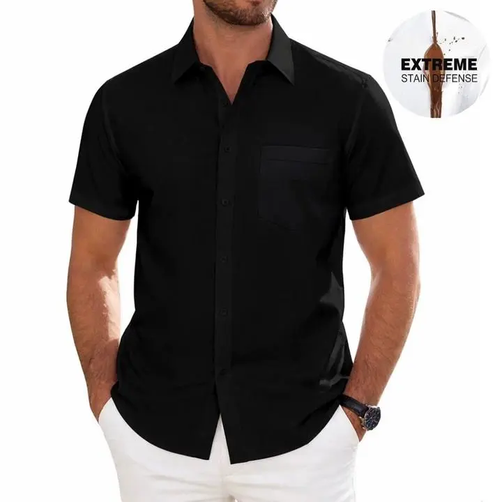 ROUWELL Stain Resistant Short Sleeve Mens Dress Shirts with Pocket, Wrinkle Free Business Casual Button Down Shirts for Men, Classic Style & Regular Fit Work Formal Office Waterproof Shirts for Summer #Backtoschool