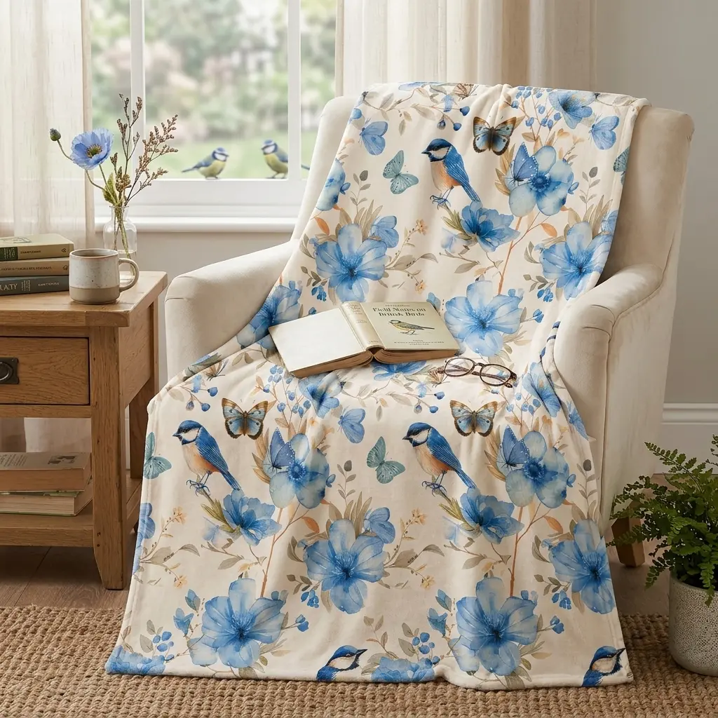 Blue Floral Bird Single-Sided Flannel Blanket, Butterfly & Wildflower Print Soft Cozy Throw Blanket, Lightweight Fleece Blanket for Sofa Bed Bedroom, Cottagecore Garden Home Decor Gift
