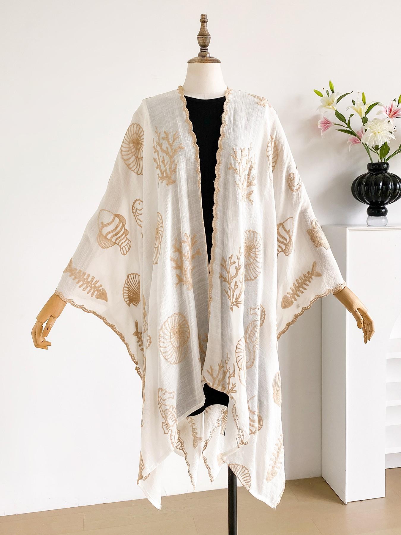 Boho Ocean Embroidered Split Scarf, Loose Fit Elegant All-Season Style, Perfect for Beach Vacations, Commuting and Dates