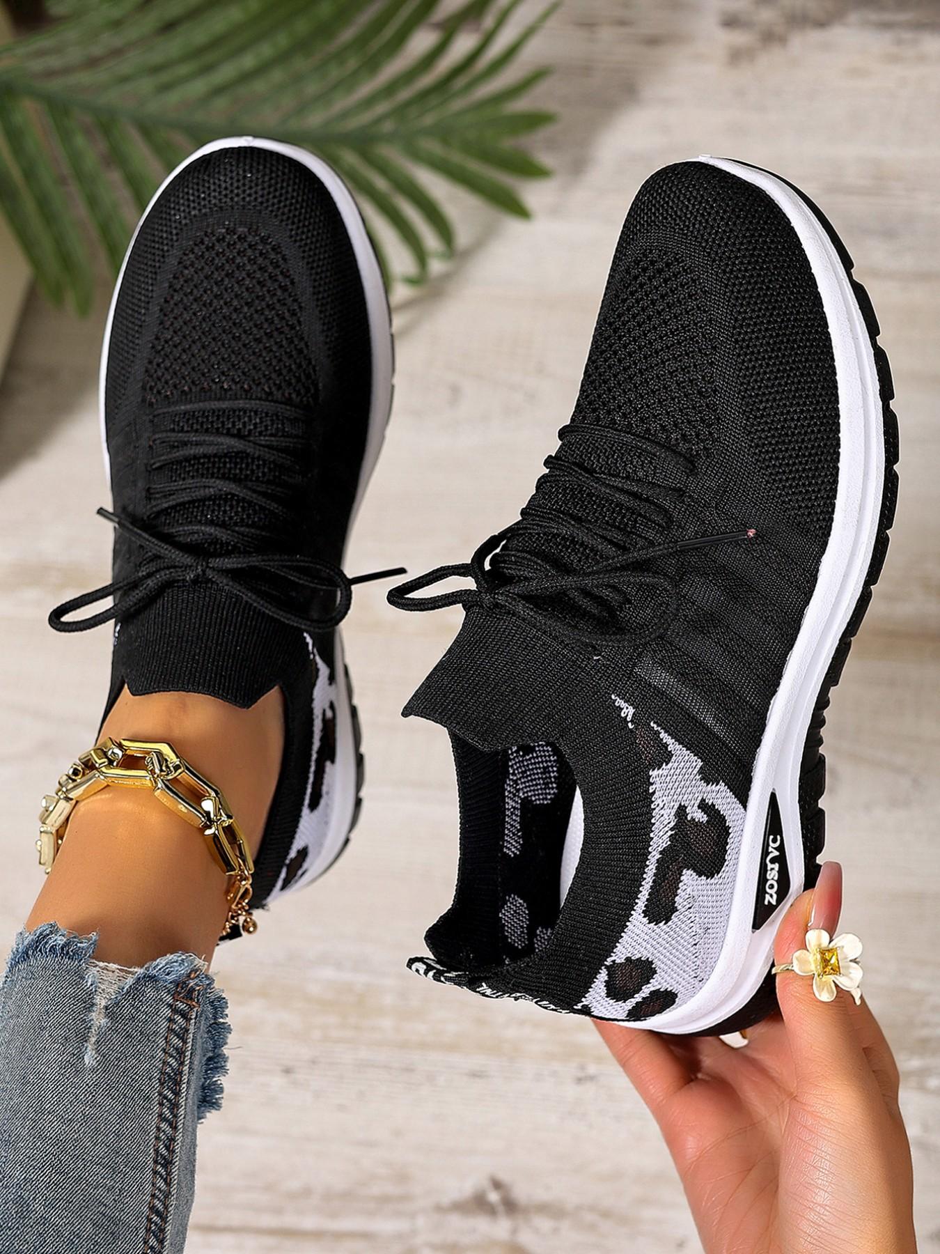 Women's Leopard Print Lightweight Lace-Up Sports Shoes, Breathable Shock Absorption Non-Slip Rubber Sole, Casual All-Season Low Top Sneakers