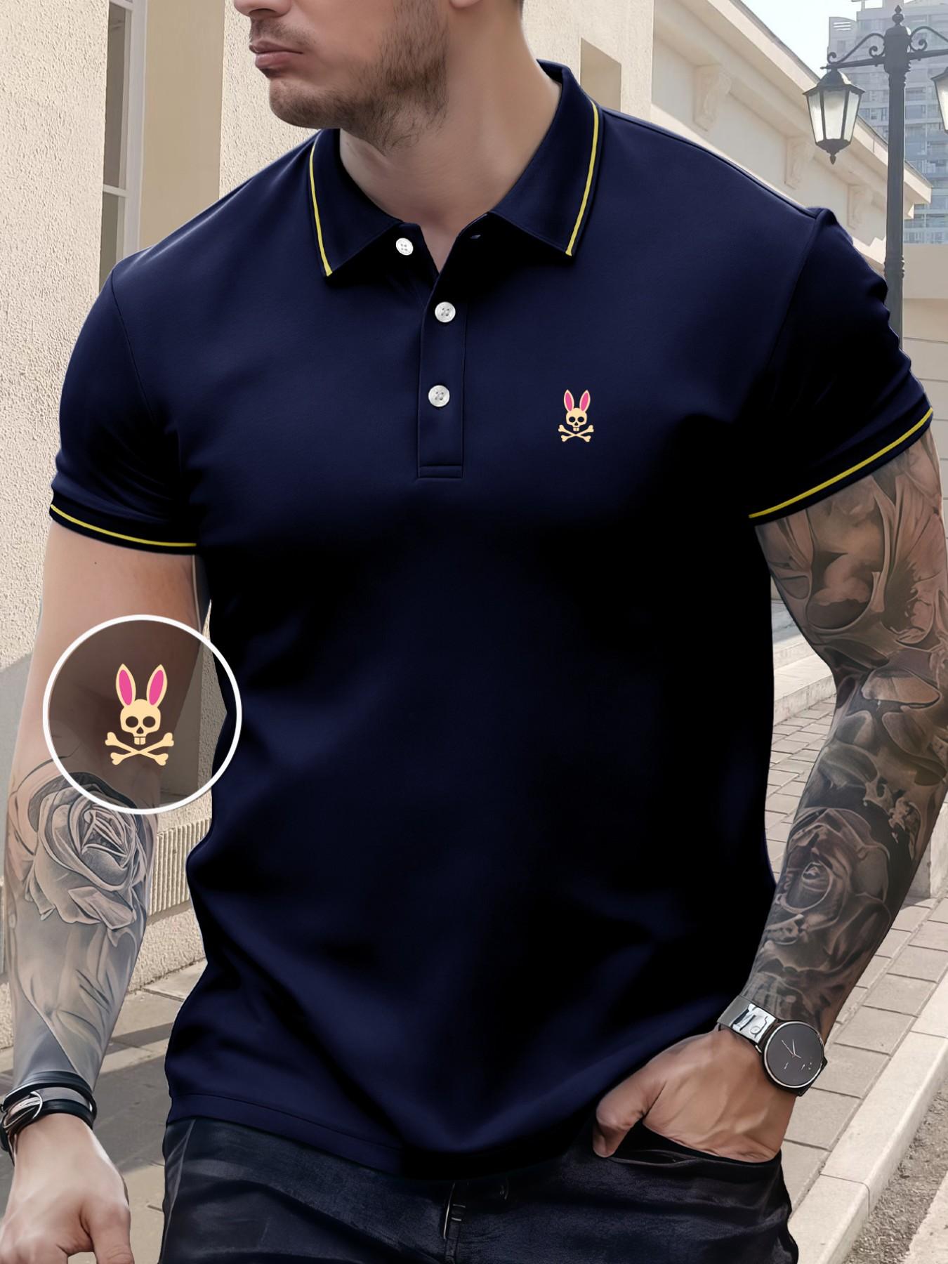 Men's Regular Fit Letter Print Contrast Trim Polo Shirt Skull Rabbit, Casual Short Sleeve Half Zip Top for Summer, Fashion Men's Clothes for Daily Wear, Tropical