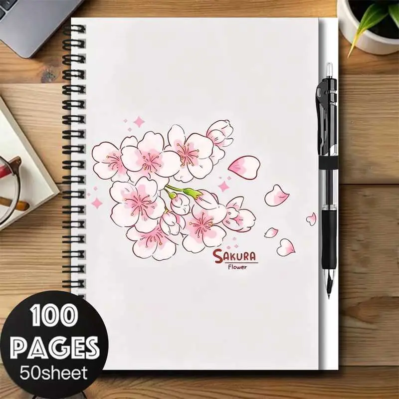 A set of exquisite 2D cherry blossom pattern spiral notebook and pen set, featuring romantic cherry blossoms drawn with delicate strokes, with falling petals exuding poetic charm. The 100-page large capacity meets the needs for work records, study notes,