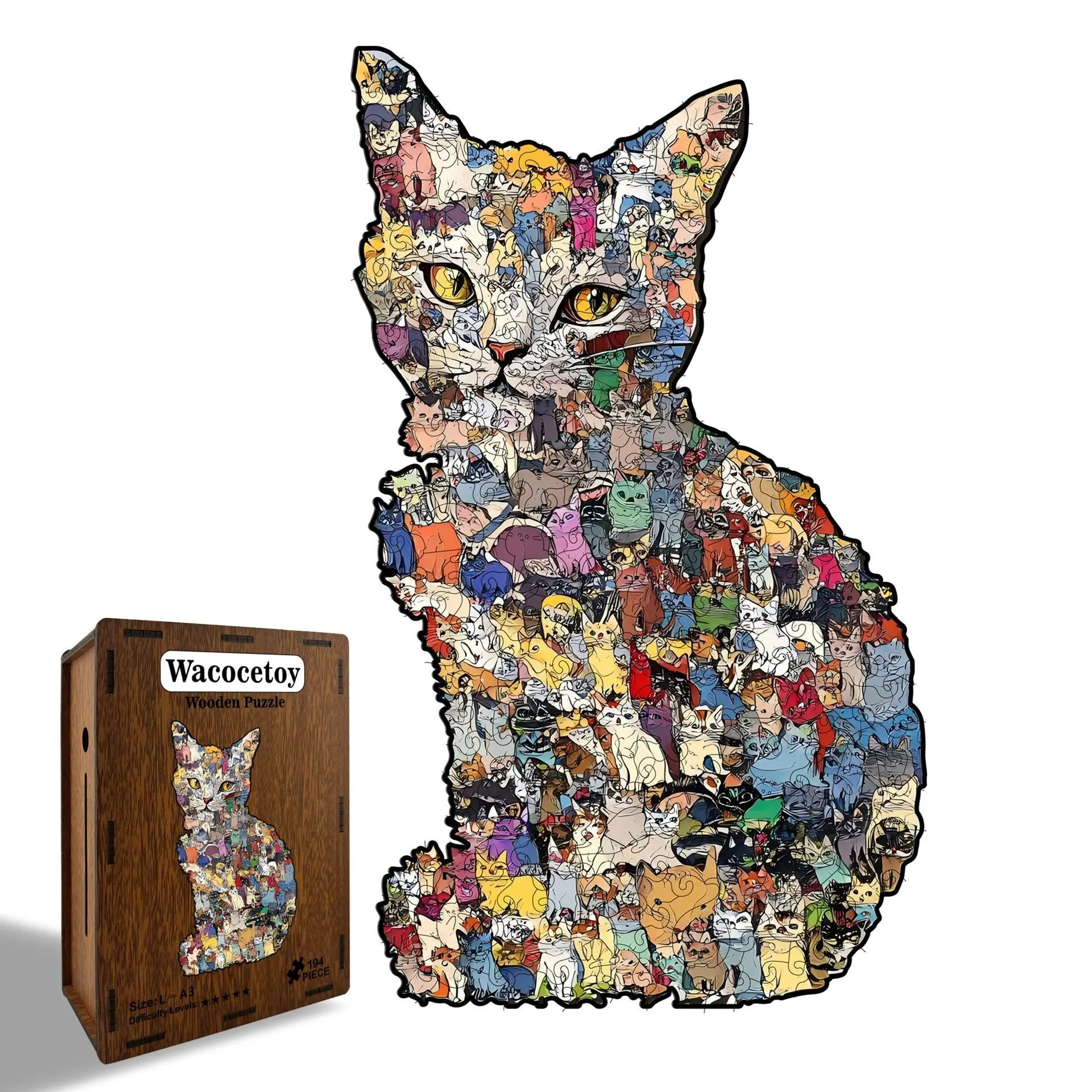 194pcs Cat-Shaped Puzzle Bank, Wooden Jigsaw Penny Bank for Adults, Interactive Savings Toy with Colored Pieces, Financial Goals & Decorative Collectible, Unique