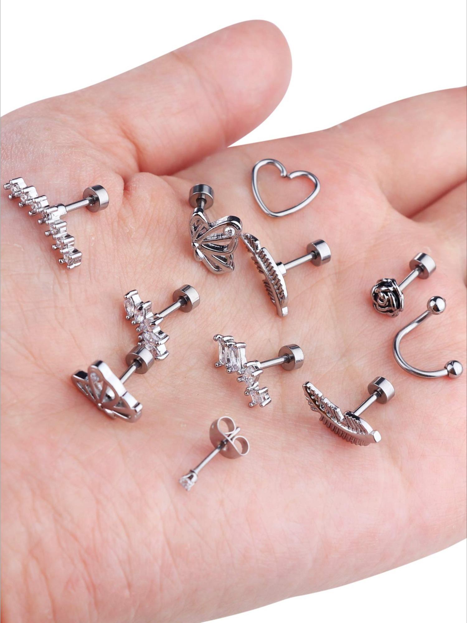 23 Pcs Silvery Multi-Piercing Earring Set for Women Men Stackable Styles in Hypoallergenic Stainless Steel Sparkling CZ Studs Lovely Tiny Feather Butterfly Heart Pendants Minimalist Mini Hoops for Diversified Layered Ear Styling