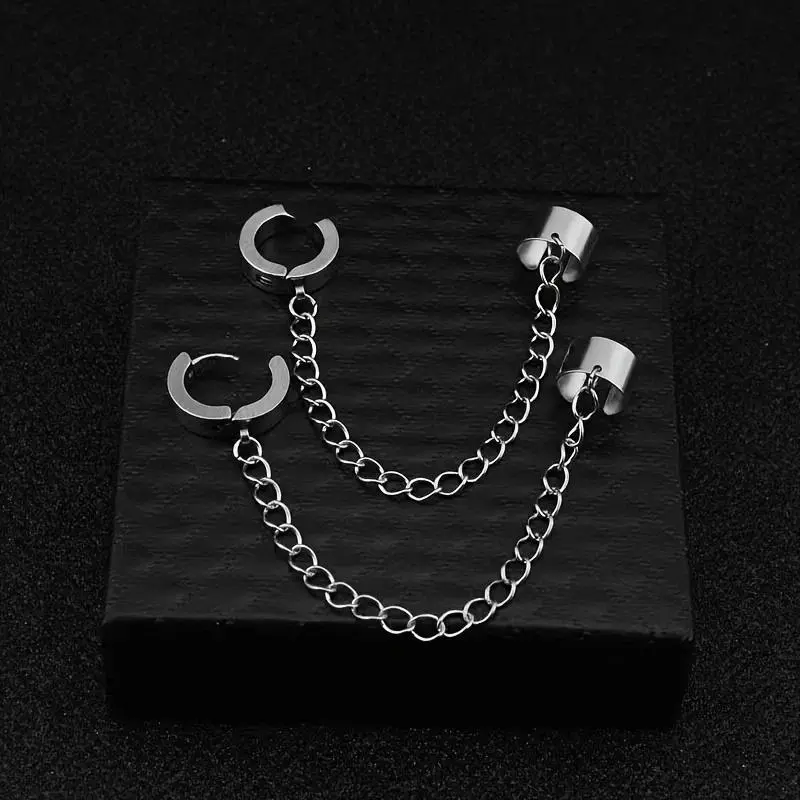 1/2pcs Stainless Steel Chain Ear Clip & Ear Stud Earrings for Men Women Punk Silver Color Non Piercing Clip On Ear Cuff Earrings