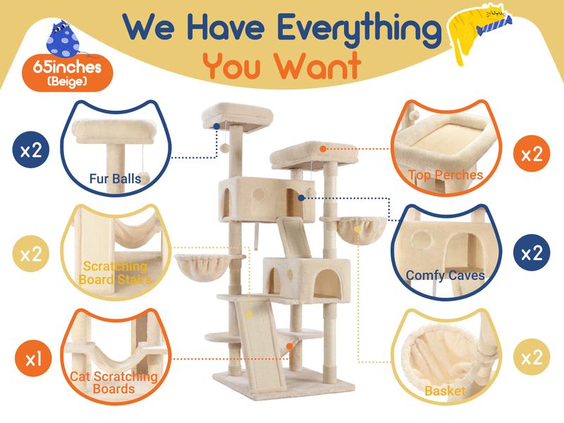 Allewie 36in/65in/68in  Multi-Level Tall Cat Tree for Indoor Cats/Larger Tower with Wide Base/Cozy Plush Cat Perches/Cat Condo with Hammock/Sisal Scratching Posts#TikTokShopfalldealsforyou