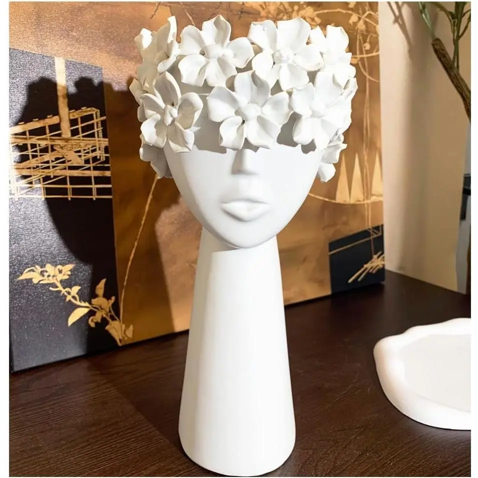 Ceramic Sculpture Female Head Face Flower Vase Decoration, Unique White Centerpiece for Home Decor