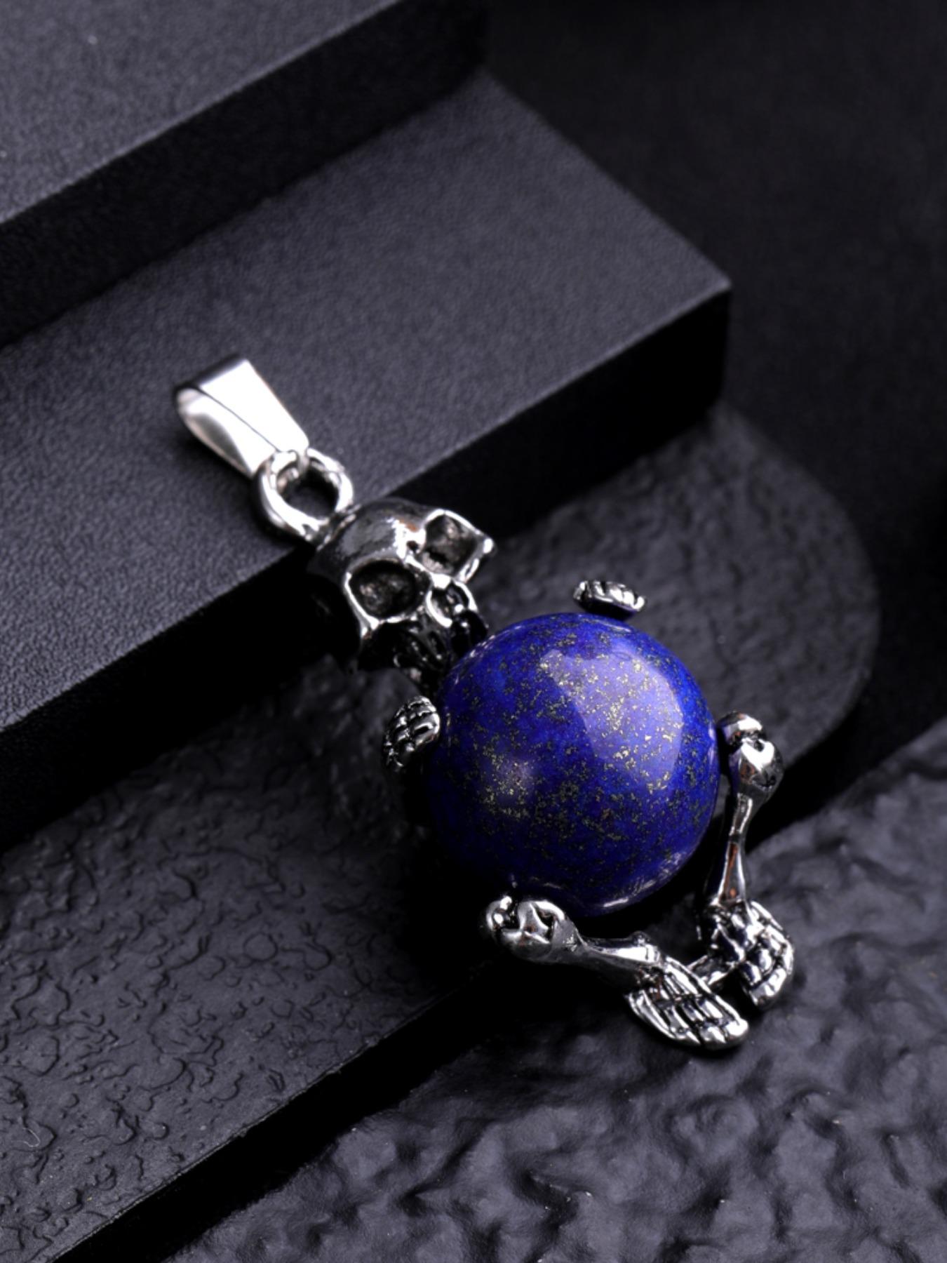 Natural Amethyst Round Bead Pendant Necklace, Bold Skull Design, Unique Fashion Accessory, Trendy European Style Jewelry