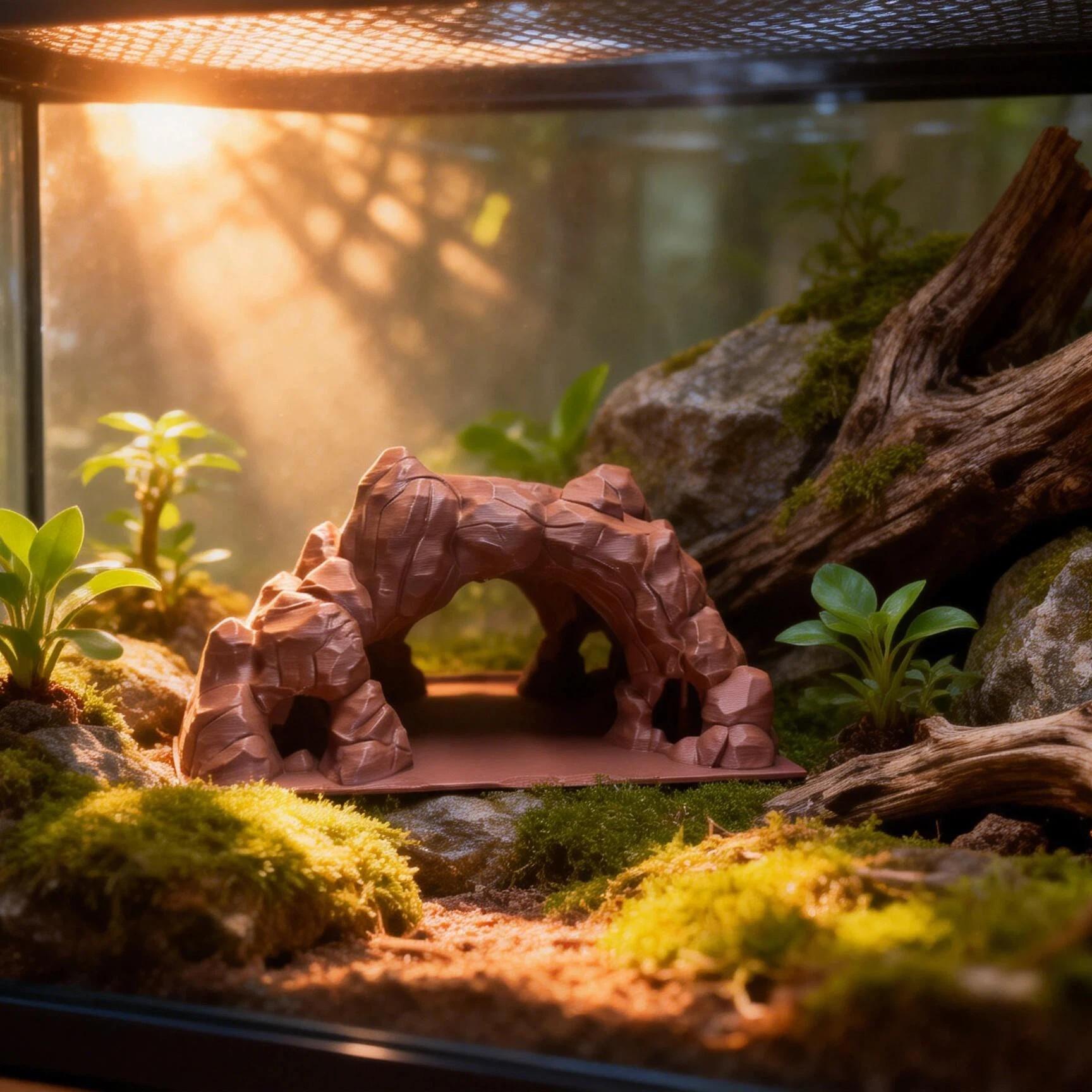 3D Printed Desert Cave Hideout for Reptiles, Frogs, Salamanders, Fish, Shrimp, Aquatic & Terrestrial Aquarium Decor, Sandstone Texture, Grass Top Design