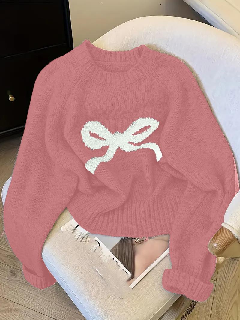 Women's Butterfly Knot Round Neck Sweater, Fall & Winter Thick Knit Top, Sweet Style Loose Fit, Elegant Cardigan for Valentine's Day