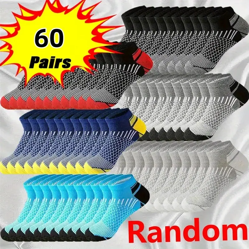 Men's Low-Cut No-Show Sports Socks, 60-Pair Random Colors, Sweat-Absorbent for Summer, Autumn, Winter Use, 60 Pairs Random, Sweat-Absorbing