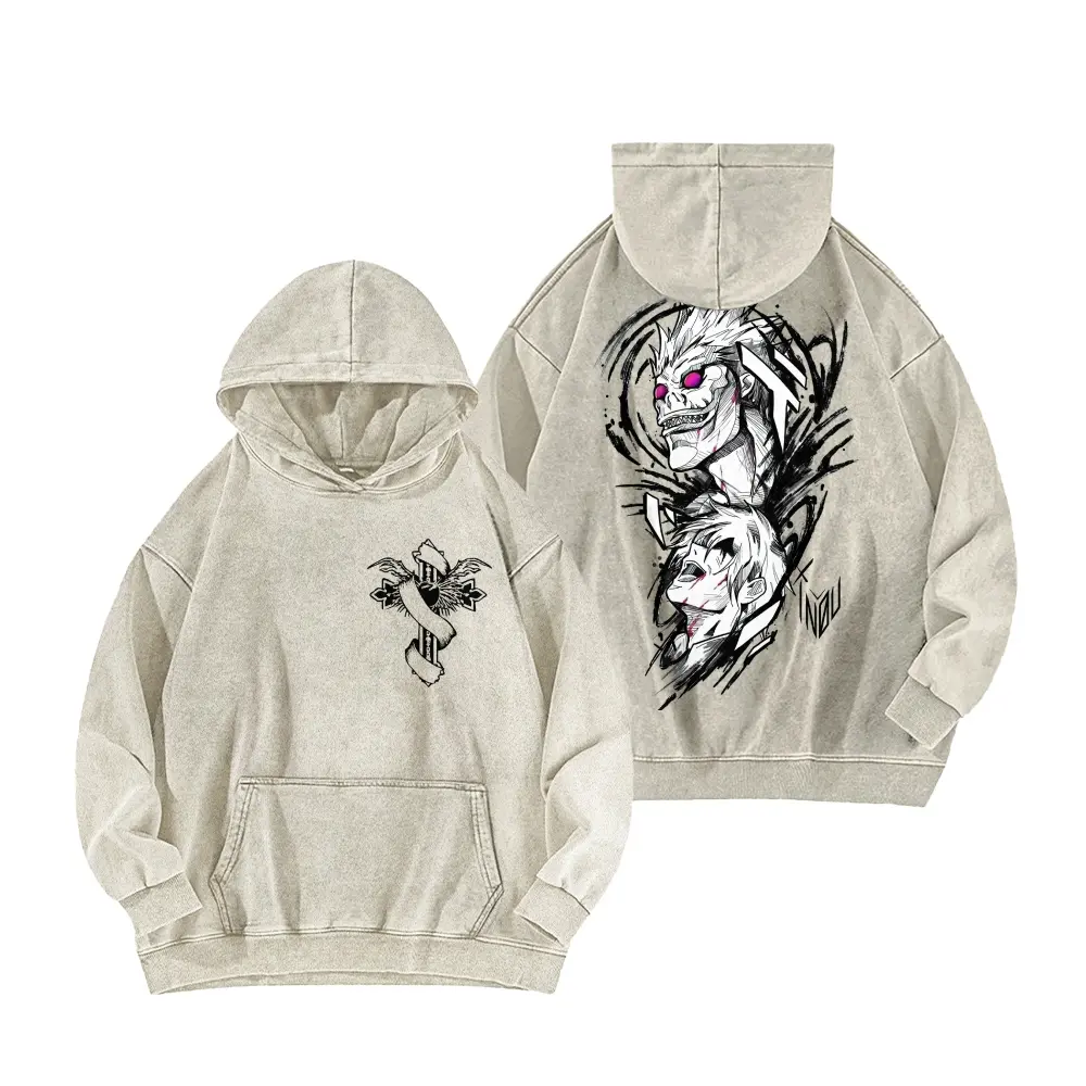 Unisex Vintage Washed Pullover Hoodie, Dark Demon Character Double‑Sided Graphic Print Hooded Sweatshirt, Oversized Retro Streetwear Fleece Top with Kangaroo Pocket, Multiple Colors Available