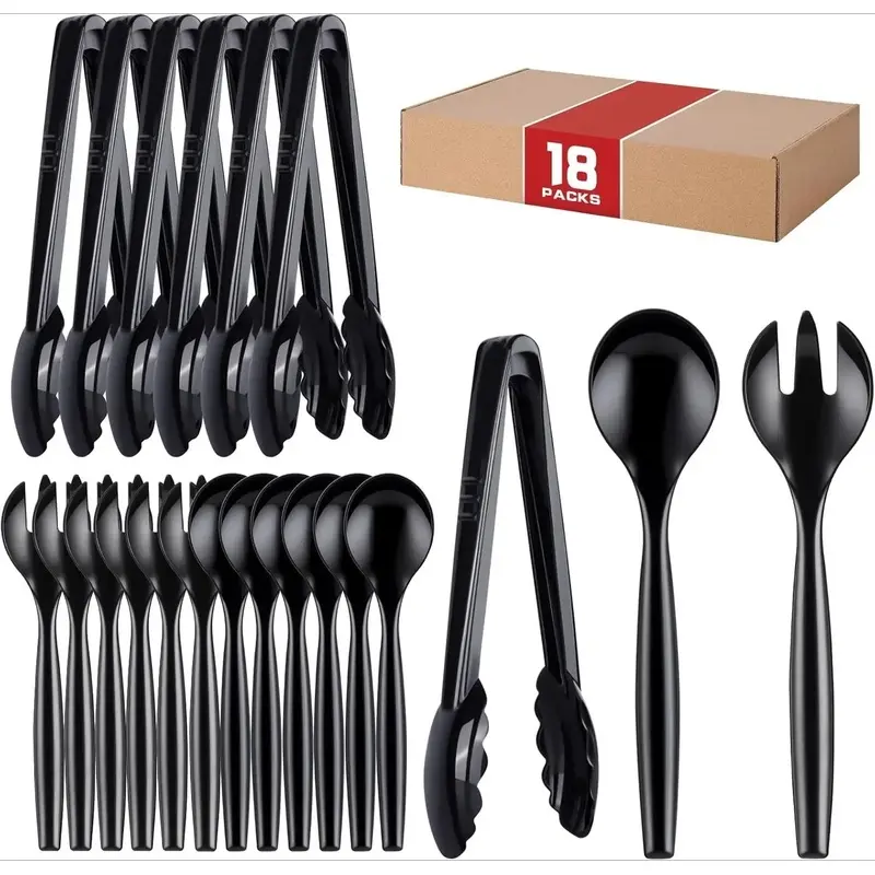 18Pcs Serving Utensils, 10'' Plastic Serving Utensils Set, Disposable Serving Spoons for Buffet, Large Serving Tongs for Food, Heavy Duty Party Supplies for Salad Soup Cooking Catering(Black)