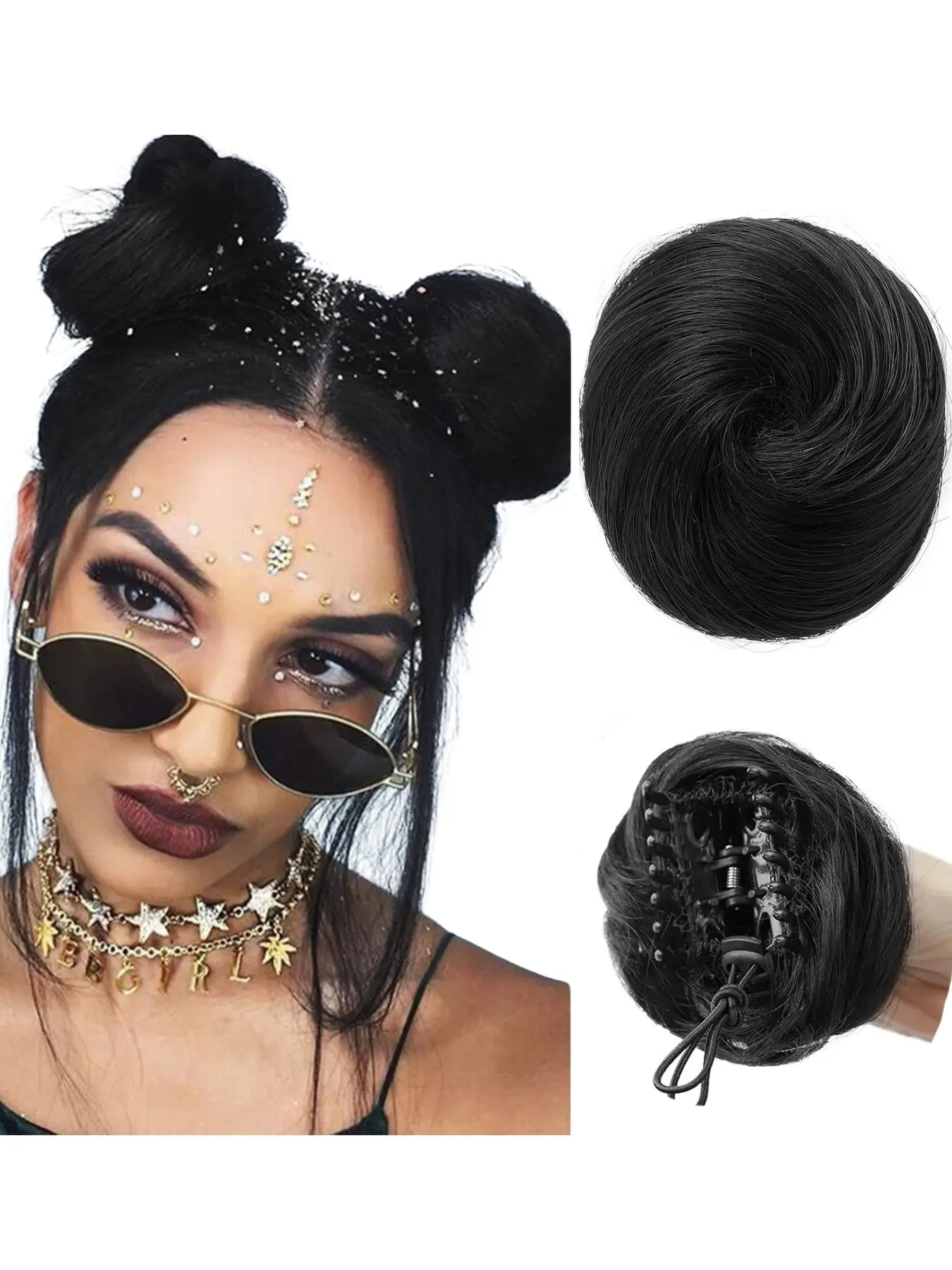 Claw Clip Messy Cat Ears Space Bun Hair Extensions, Synthetic Donut Updo Hairpiece for Women Girls